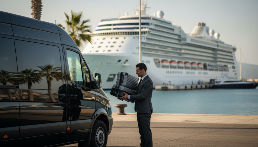 Conductor cargando maletas en una van de alta gama durante un transfer al puerto de Barcelona