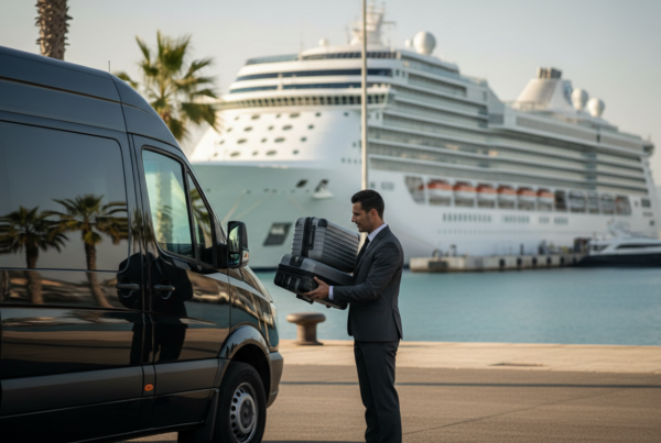 Conductor cargando maletas en una van de alta gama durante un transfer al puerto de Barcelona