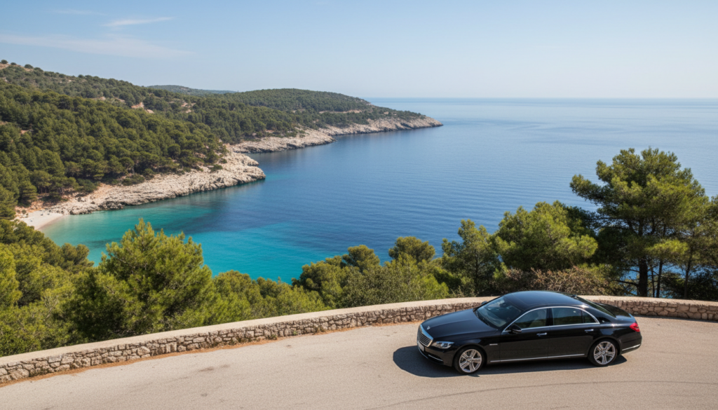 Coche de alta gama en un mirador durante una ruta por la Costa Brava con chófer privado