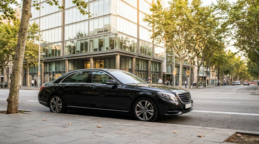 Berlina ejecutiva esperando ante una oficina, servicio de chófer privado en septiembre